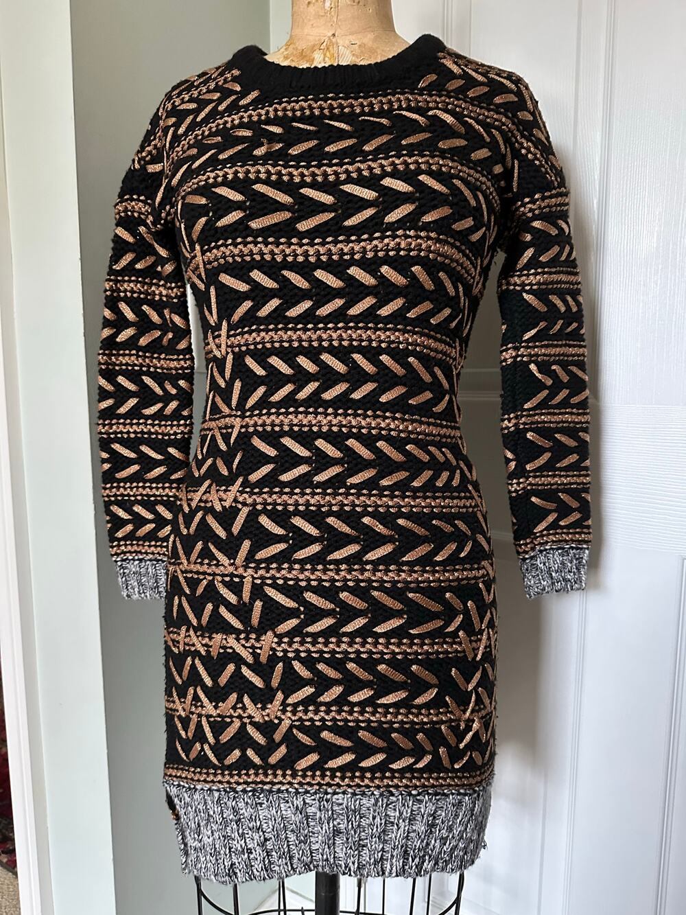 RAG & BONE Black Gold Metallic Woven Chevron Sweater dress tunic mini XS